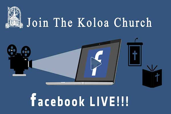 Banner promoting Koloa Church Facebook Live with laptop, Facebook logo, video camera, and church icons.