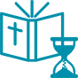 A clipart image of an open bible in the background with an hour glass in front representing Christian Growth Hour at The Church at Koloa.