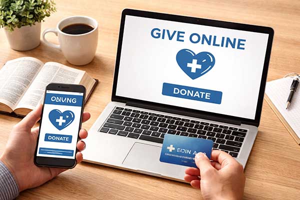 Person making an online donation to The Church at Koloa using a laptop, smartphone, and credit card beside an open Bible and coffee mug.